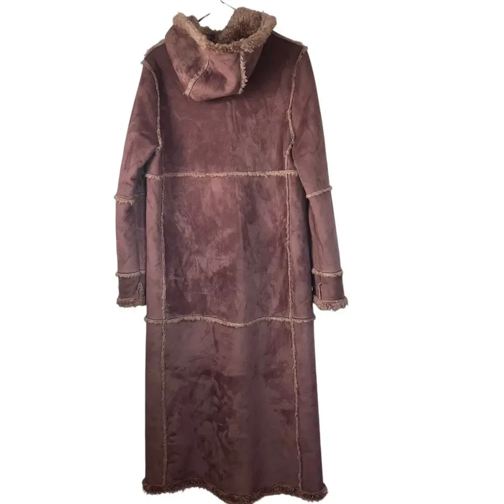 Vintage Y2K Gallery Tan Suede Sherpa Penny Lane Trench Coat-size Small - Picture 7 of 15